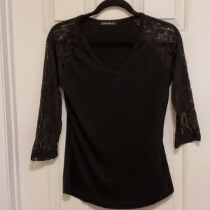 Esperanza Black V-neck Lace Inlay T-shirt